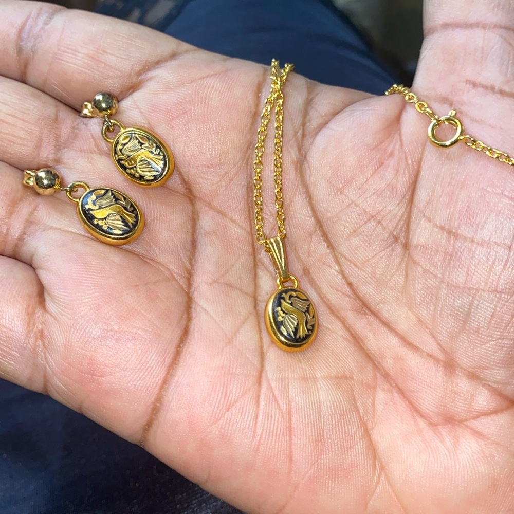 Vintage Signed Spanish Damascene Paradise Bird necklace Earrings set 🖤